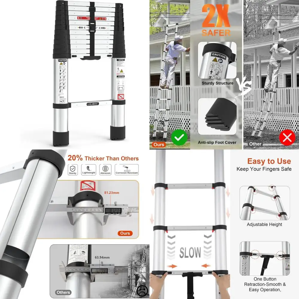 سلم تمديد تصغير من الألومنيوم خفيف الوزن بطول 12.5 قدم مع زر تراجع وتصميم مبطئ للاستخدامات المتعددة #1