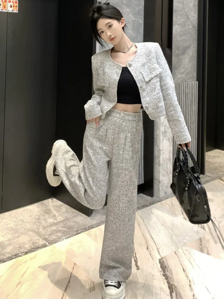 High Quality Autumn Winter Small Fragrant Two Piece Set For Women Jacket Coat + Wide Leg Pant Sets Fashion Casual 2 Piece Outfit