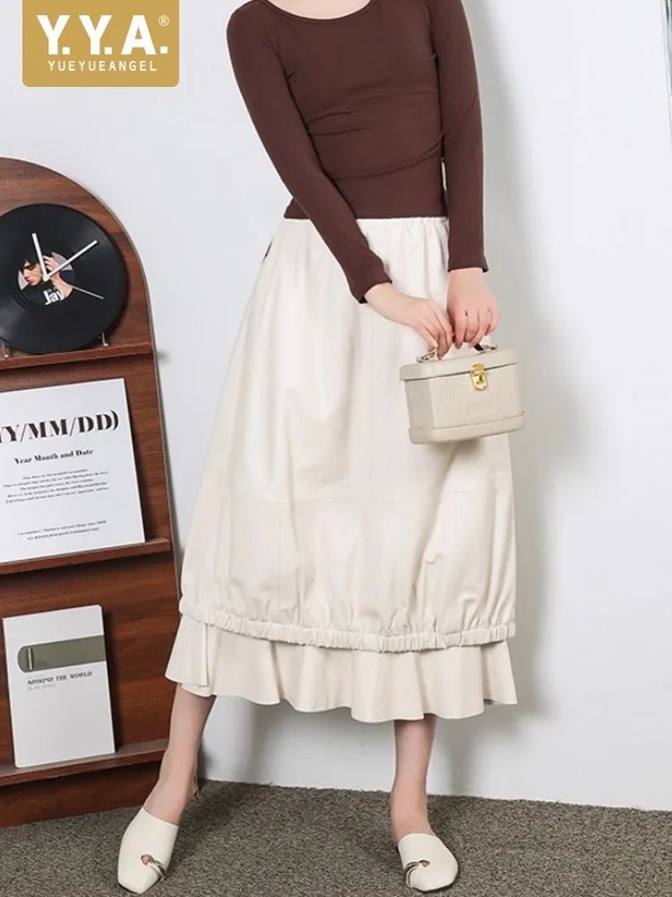 

Винтажная осенняя женская юбка до середины икры с длинными оборками и эластичной резинкой на талии, юбки из овчины из натуральной кожи, элегантные женские свободные посадки 4XL