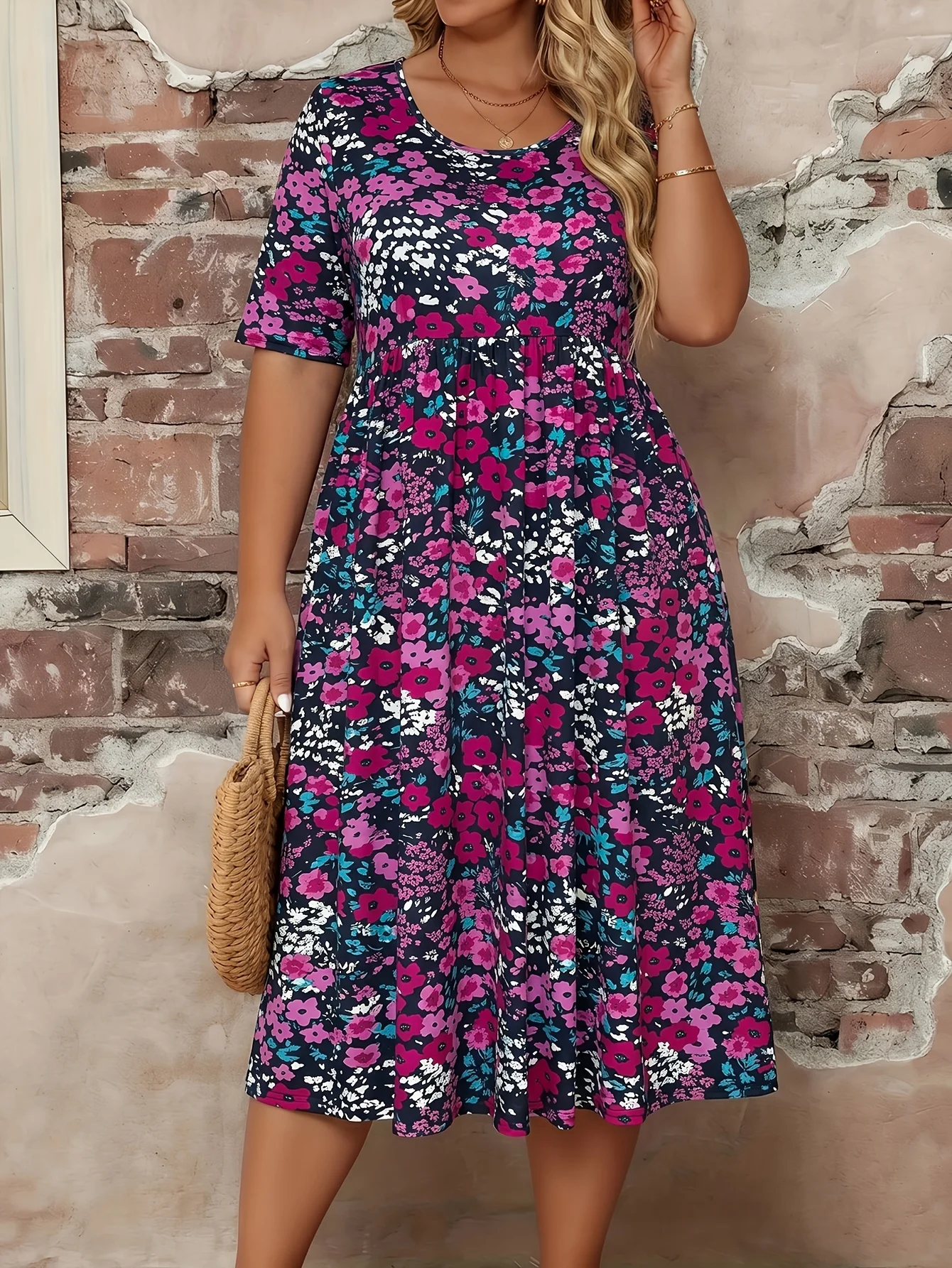 Plus Size Women Black Pink Floral Print Round Neck Half Sleeve Pocket Midi Dress Casual Summer Dress