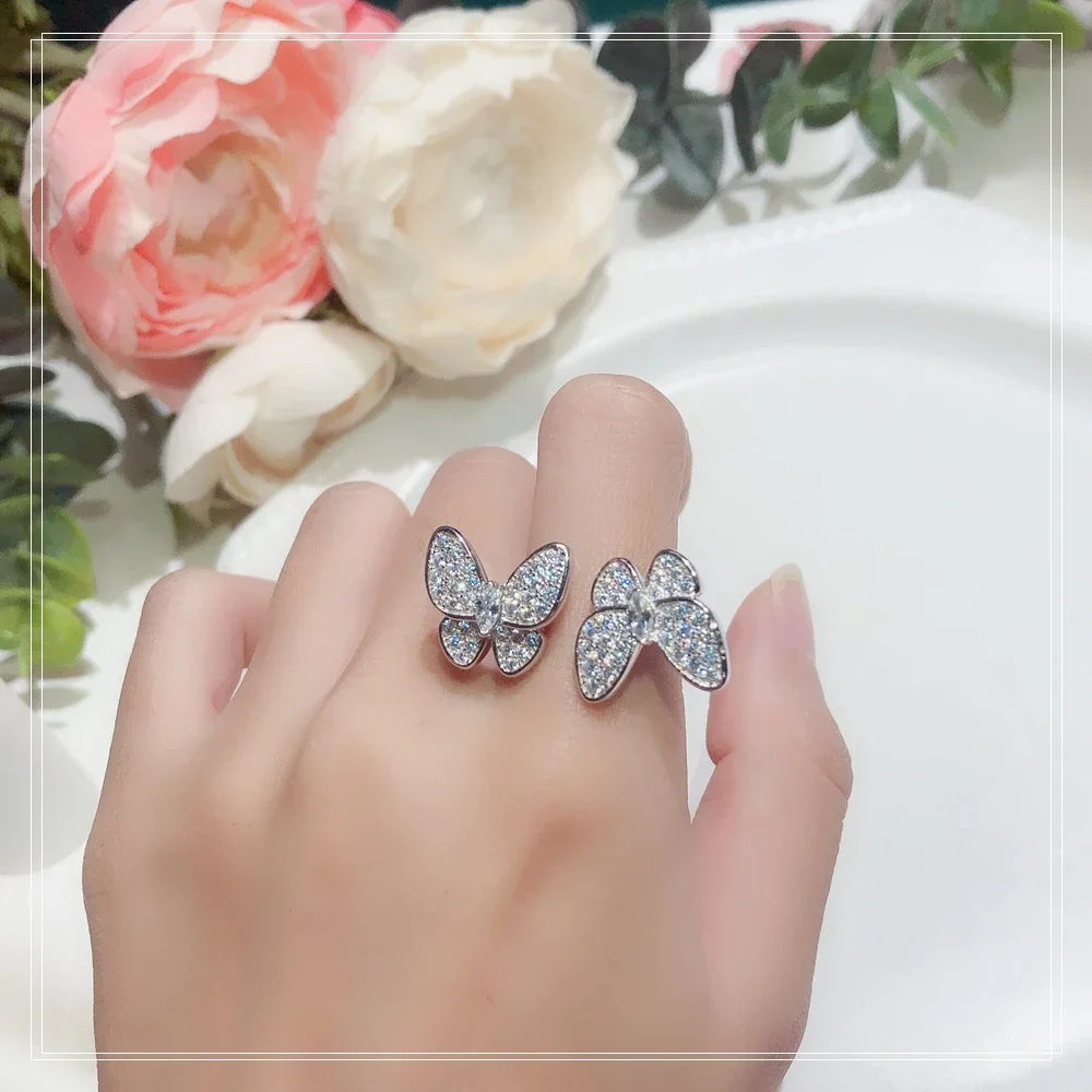 Sterling Silver 925 Ring Sweet Temperament Luxury Brand Pave Diamond Open 2 Butterflies Finger Rings for Women Wedding love Gift