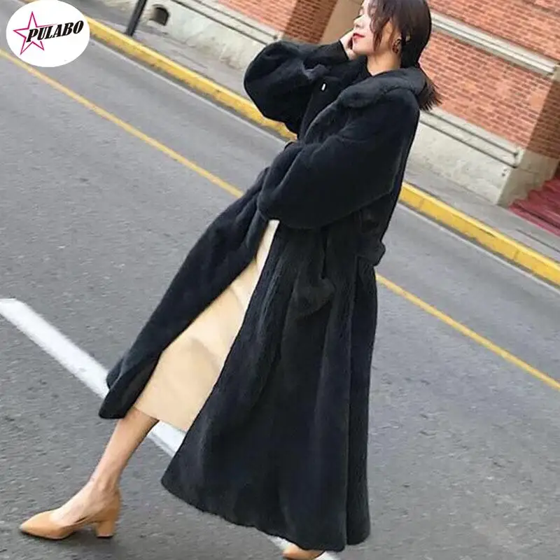 PULABO Winter Fur Outerwear Female Fashion Solid Color Long Fur Coat High-end Warm Mink Fur Jacket Coat Women Parka