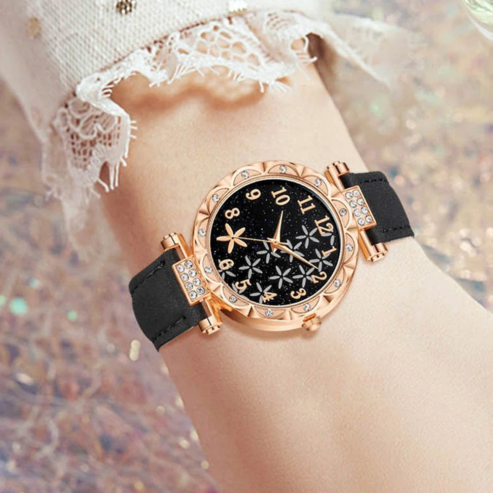 6PCS Diamond studded dial watch for women's light luxury niche quartz watch bracelet set PU leather strap watch