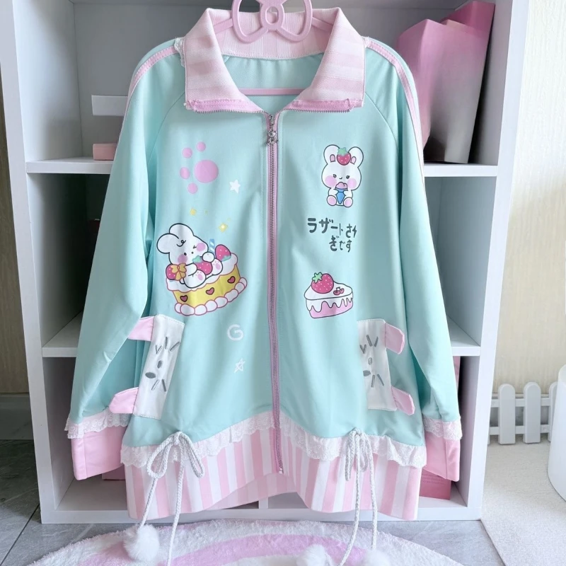 اليابانية Kawaii لطيف الكرتون الطباعة هوديي نمط Preppy ELace المرقعة الجرونج بلوزات Y2k الجمالية ضمادة فضفاضة هودي