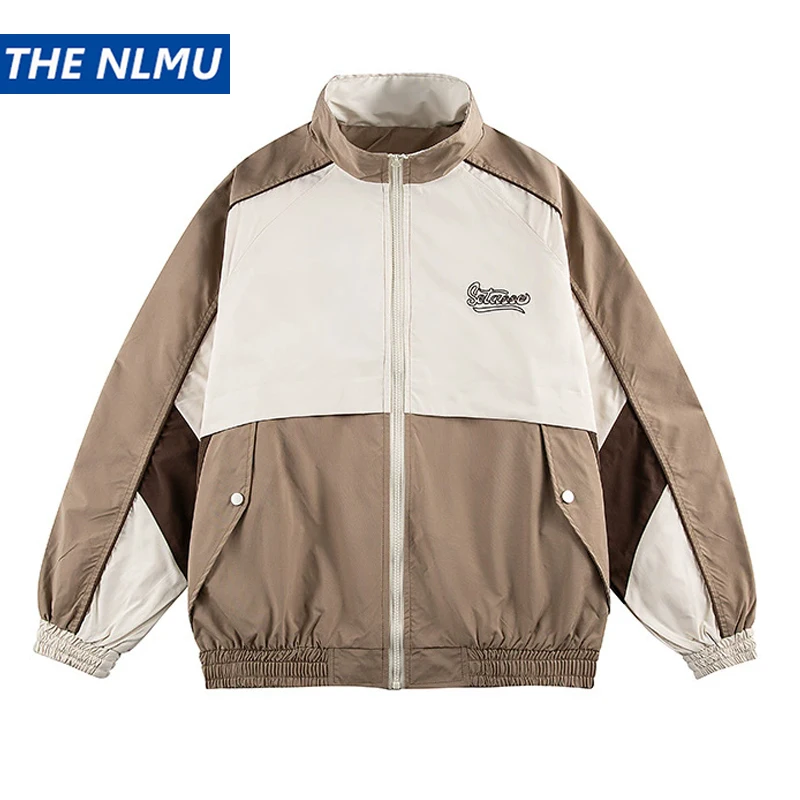 

Unisex Jacket 2026 Spring Retro Color Block Patchwork Stand Collar Coat Neutral Style College Windbreaker