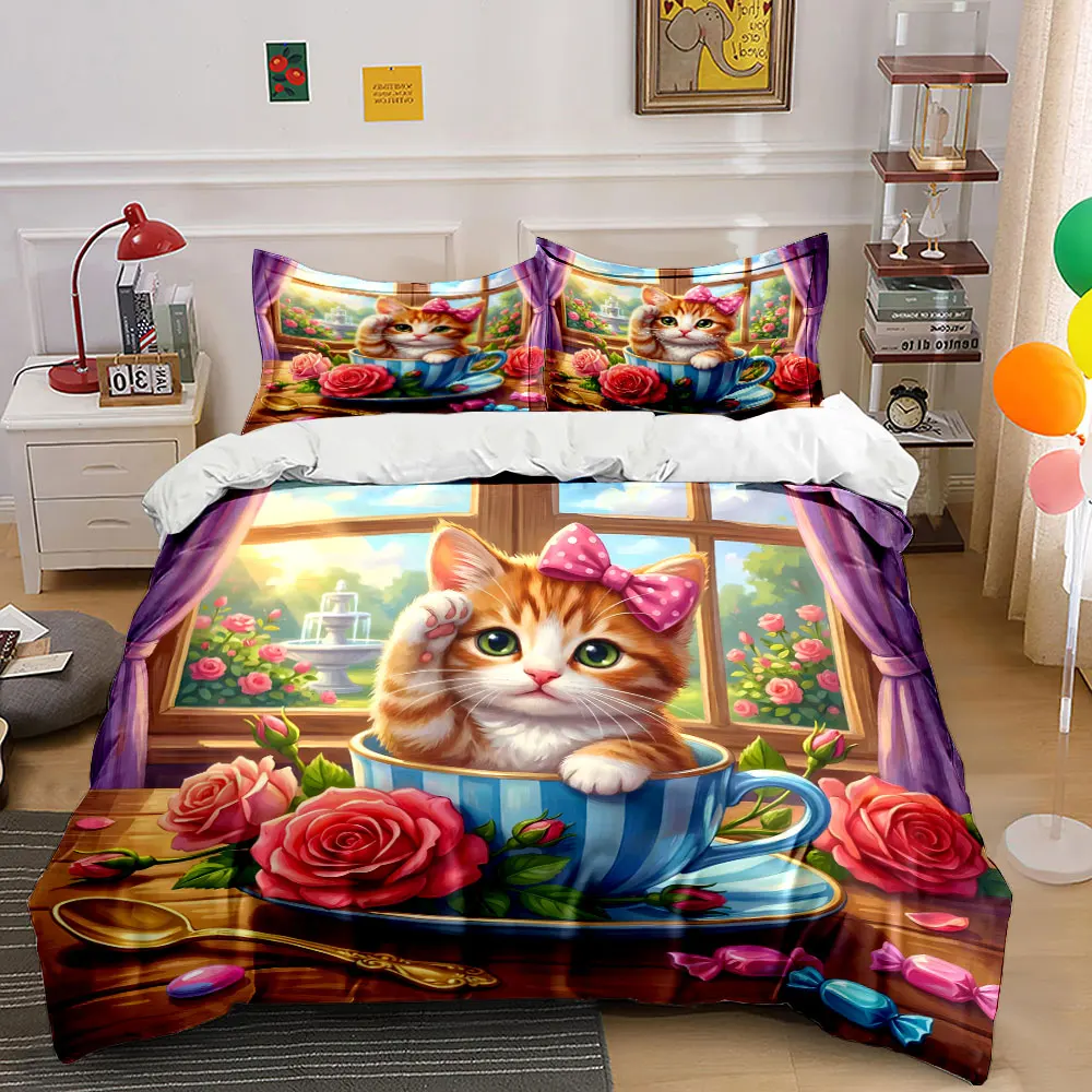 Cute kitten in teacup with roses Pattern Duvet Cover Set Digital Print Colorful Polyester Bedding with Zipper Closur for gifts
