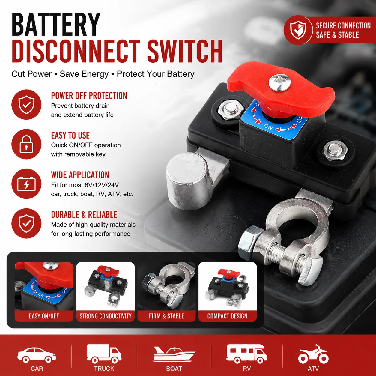 Car Battery Disconnect Switch DC 12V Remote Battery Disconnect Switch Automatic Power Shut Off Switch Car Remote Battery Cut Off