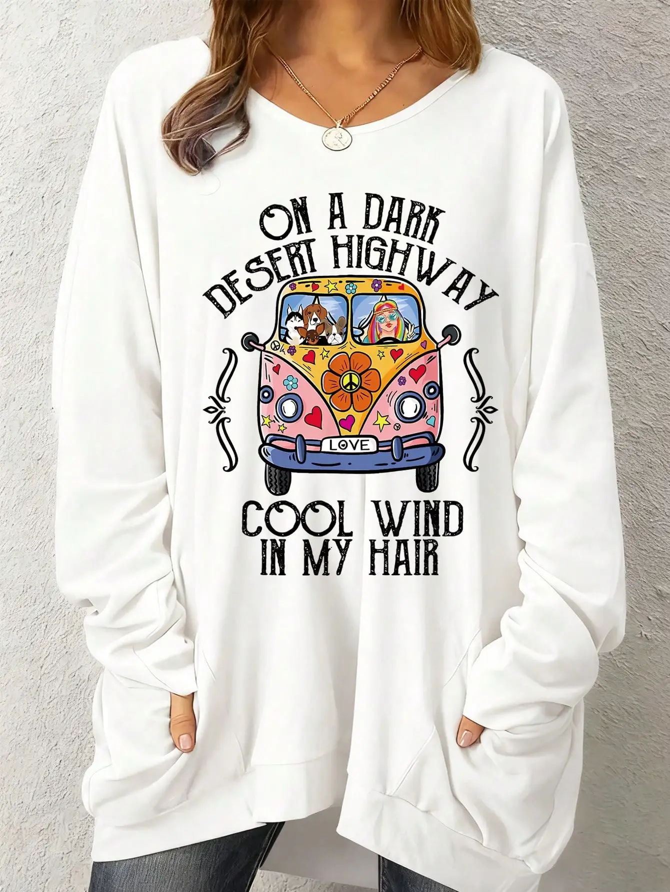 

Женская футболка-пуловер 2026 года с длинным рукавом, круглым вырезом, слегка эластичная, с принтом букв, животных и машин, больших размеров, повседневная