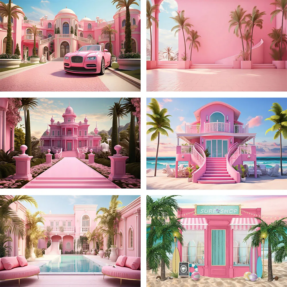 

Mehofond Pink House Backdrop Seaside Beach Summer Coconut Trees Portrait Photography Background Photo Studio Photocall Props