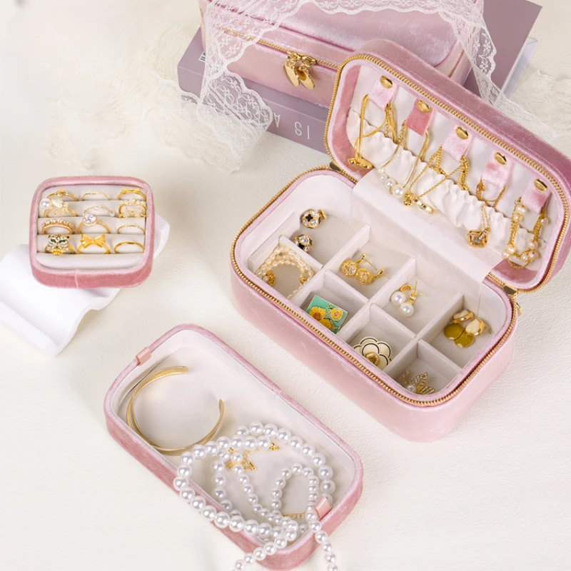 Lovely Pink Necklace Earrings Jewelry Box Portable Large Capacity Jewelry Box Built-in Tray Exquisite Storage Box