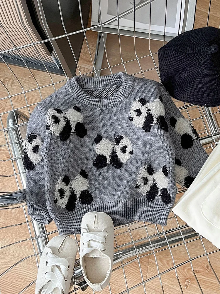 Spring And Autumn Baby Clothes Korean Version Of Children\'s Panda Embroidered Crewneck Sweater Casual Clothes For Boys And Girls