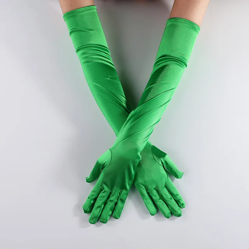 Púrpura verde azul protector solar guantes largos de baile para fiesta blanco negro dedo satén ópera para accesorios de boda nupcial guantes de mujer