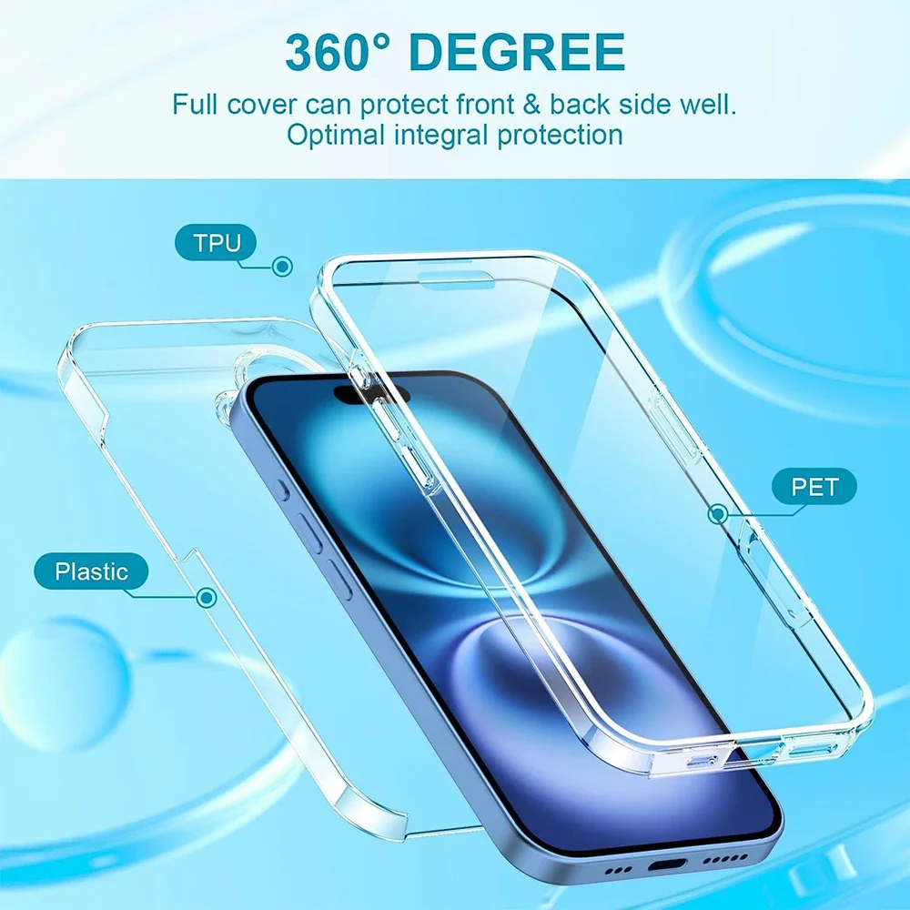360 °   Funda protectora de cuerpo completo para iPhone 16, 15, 14, 13, 12, 11 Pro Max Plus Mini, cubierta dura transparente híbrida, carcasa suave de silicona