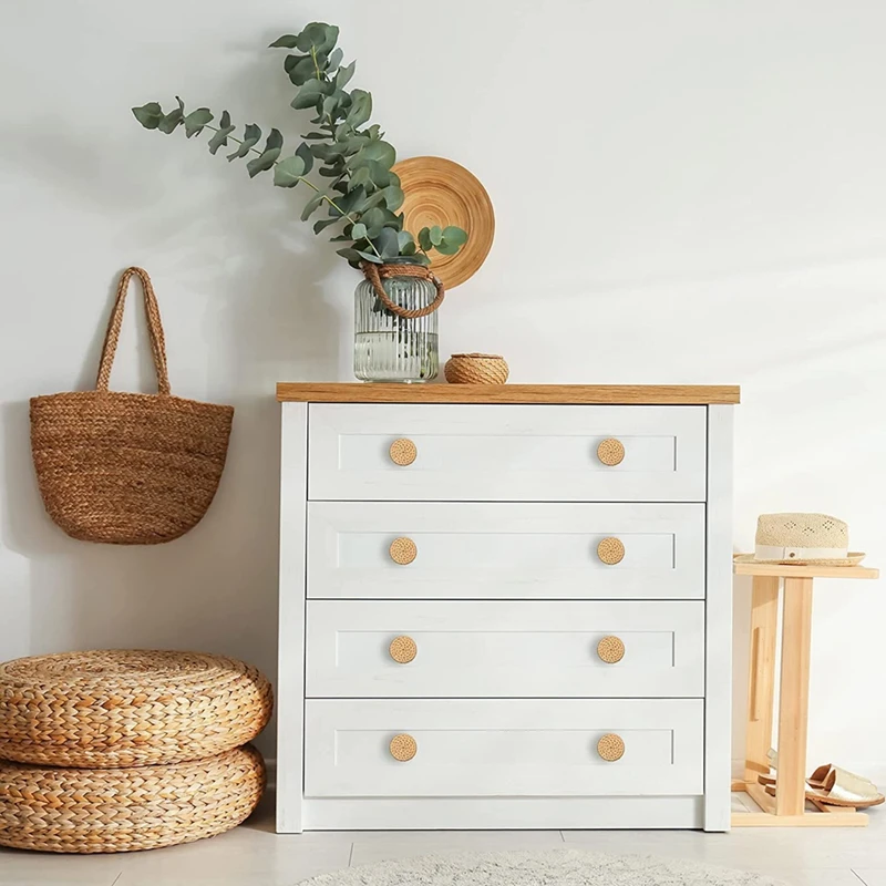 8PCS Rattan Rattan Woven Round Wooden Handle Handle Cabinet Door Rattan Woven Wooden Handle Single Hole Log Color Handle-AT81