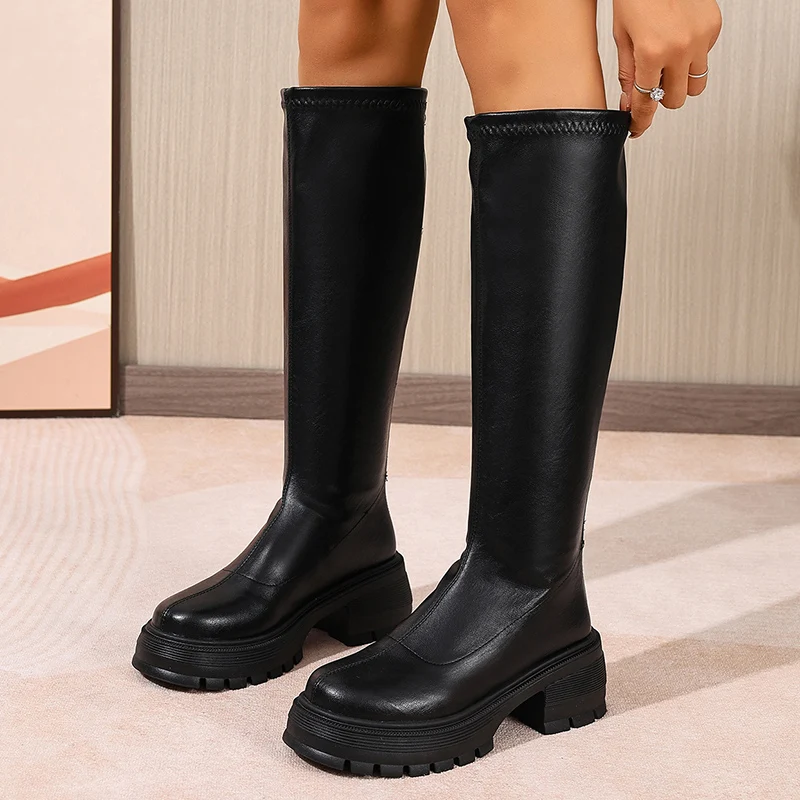 Botas hasta la rodilla negras con plataforma gruesa, Botas a la moda para Mujer, Botas Largas de cuero Pu para Mujer, Botas de motocicleta de suela gruesa para Mujer