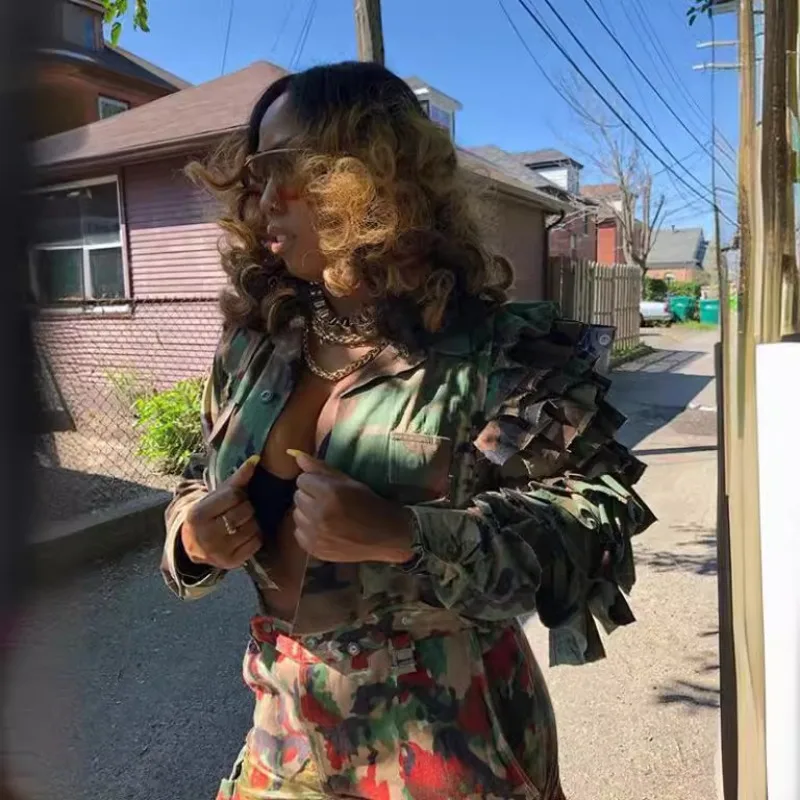 Cascading Ruffles Camouflage Print Crop Jackets Top Women Fashion Turn Down Collar Long Sleeve Single Breasted Casual Coats