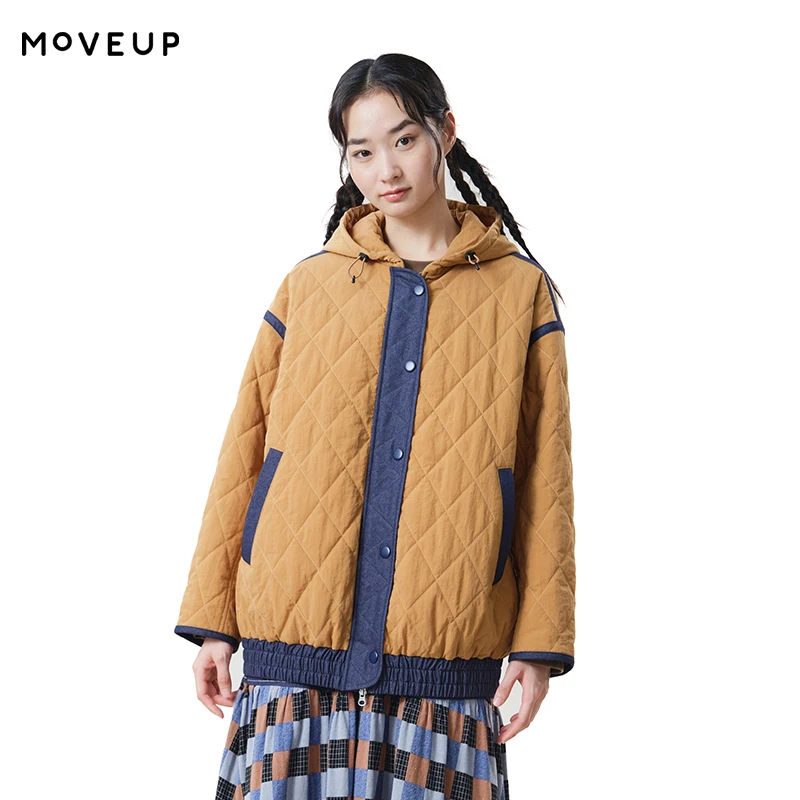 MOVEUP Women's Coat FUN Series Hooded Snap Button Pocket Mid-length Cotton Jacket 2026 Autumn New Commuter Outerwear 3ELQ20921