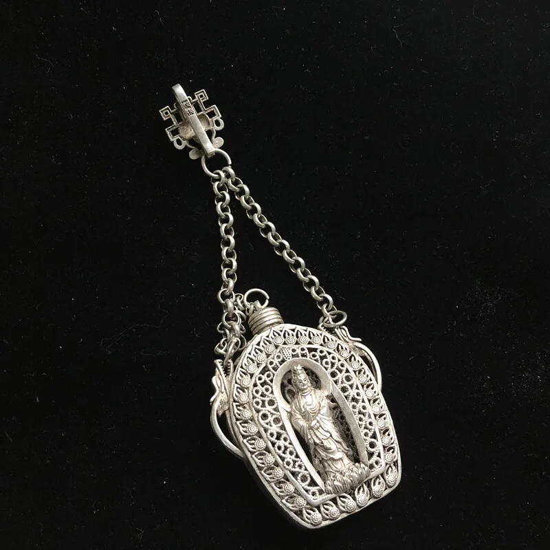 

Китайский старый тибетский серебряный полый резной флакон для табака Гуаньинь Нецке