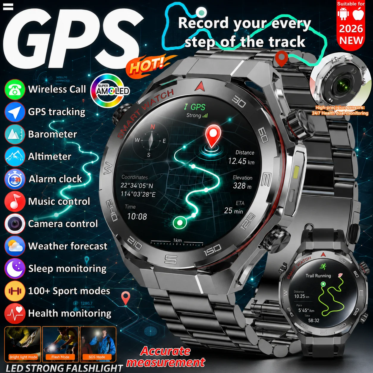 Men Tactical Military Smart Watch 2026 Rugged Outdoor GPS Bluetooth Call LED Flashlight Sport Fitness Tracker for Android iOS