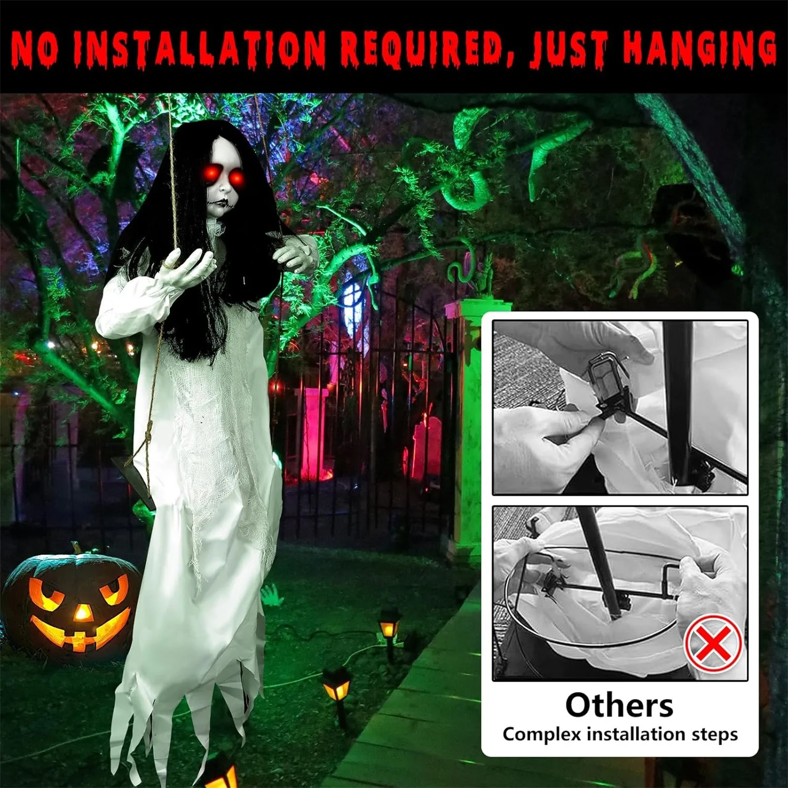 Halloween swing ghost doll horror decoration hanging swing doll long hair girl, sound and slap activated, light up eyes creepy