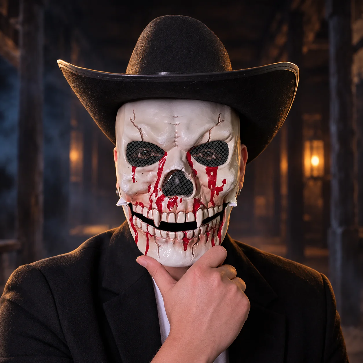 Halloween Skull Mask with Fangs and Red Details for Scary Western Cosplay Costume Parties Themed Events Make a Chilling Entrance