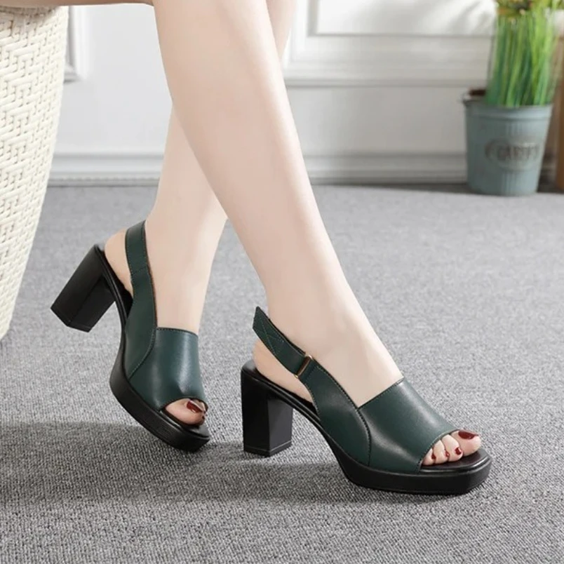 

2025 Women's Sandals Summer Genuine Leather High Heels Fashion Sandals Ankle Strap Outside Shoes Square Toe Mixed Color