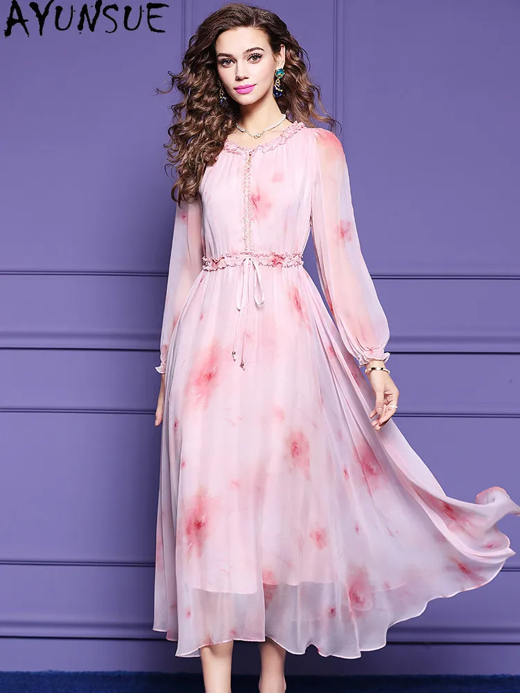 AYUSNUE Luxury 100% Natural Mulberry Silk Party Dress Elegant Dresses for Women Summer Clothes Fashion Long Dress Vestidos Mujer