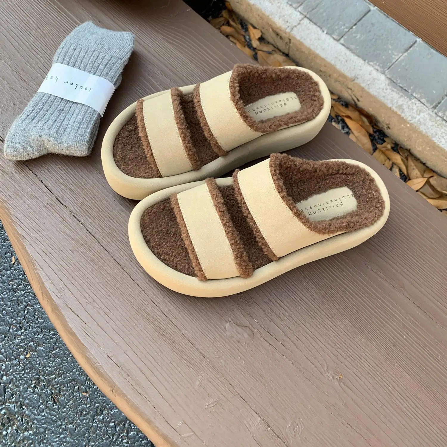 Slippers Casual Low Shoes Slipers Women Platform Fur Flip Flops Slides Luxury 2025 Plush Soft Fabric Hoof Heels Rome Leisure PU image 6