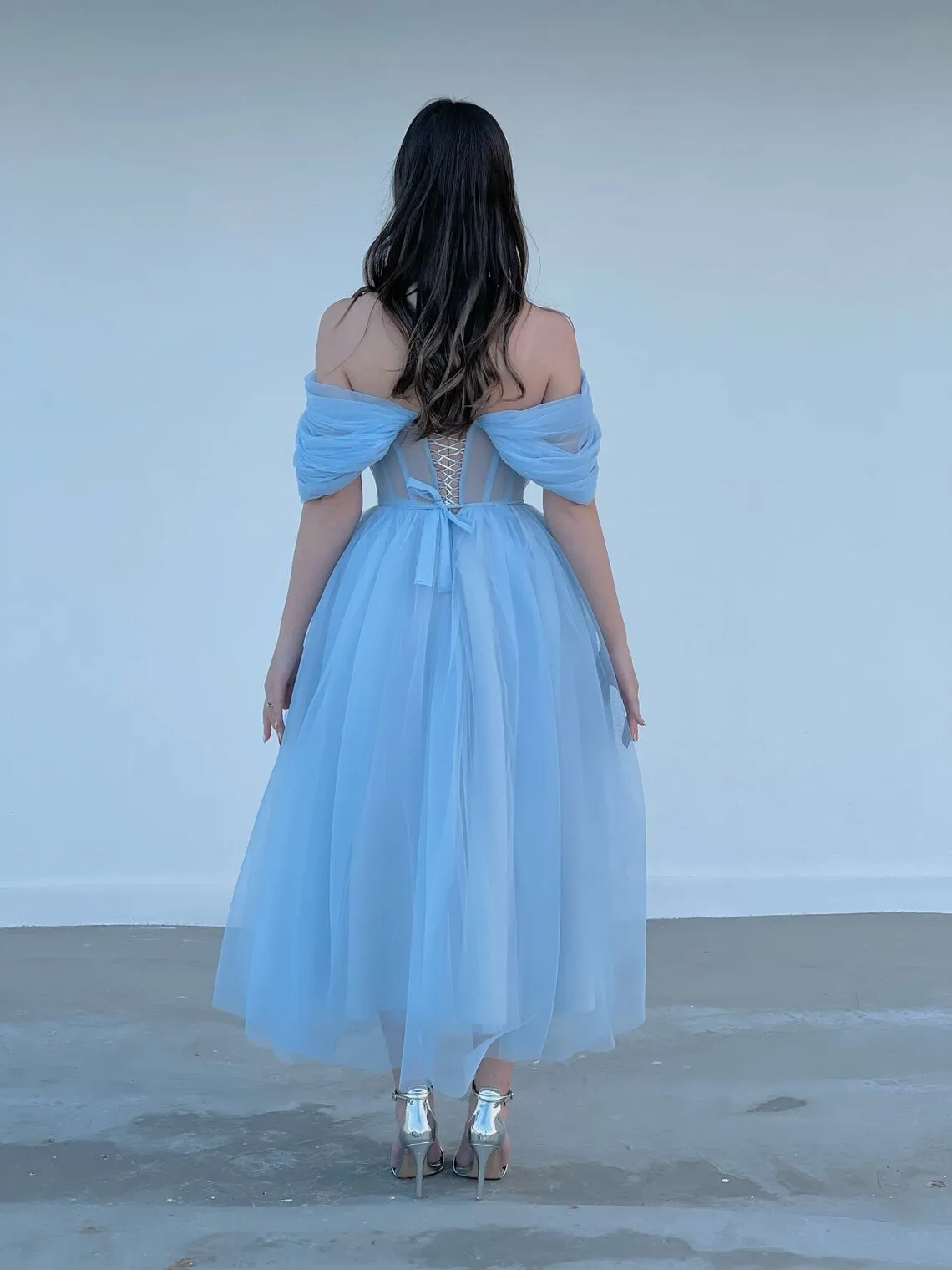 Bafftafe Customized Sky Blue Short Prom Dresses Corset Back Tea-Length Evening Gowns Formal Wedding Party Bridesmaid Dress