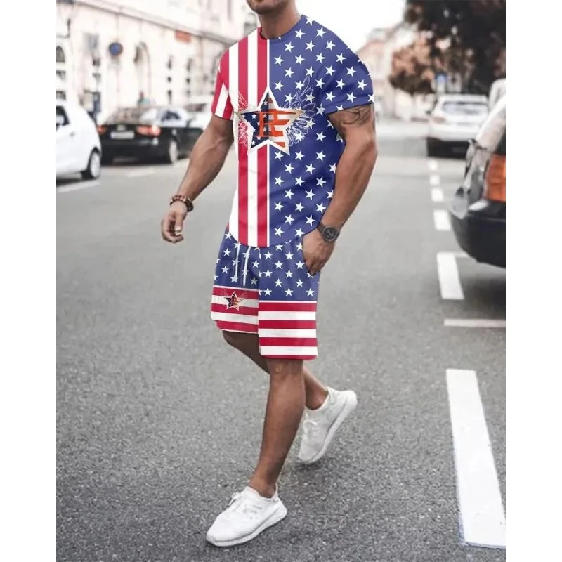 2025 Fashion Retro Men's 3D Printed T-shirt 2-piece Set Loose and Casual Oversized Short Sleeved Polyester Fiber Set