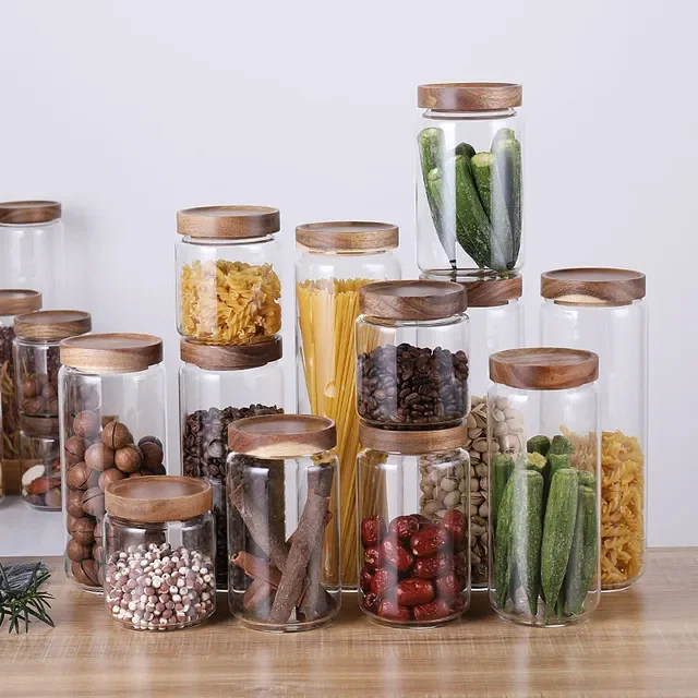 

Wood Lid Glass Airtight Canister Kitchen Storage Bottles Jars Food Container Grains Tea Coffee Beans Candy Jar Containers
