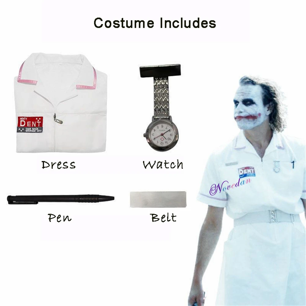 Horror Enge Film Arkham Dark Knight Clown Joker Verpleegster Uniform Jurk Horloge Accessoires Verpleegsters Kostuum Feest Outfit Mannen Vrouwen