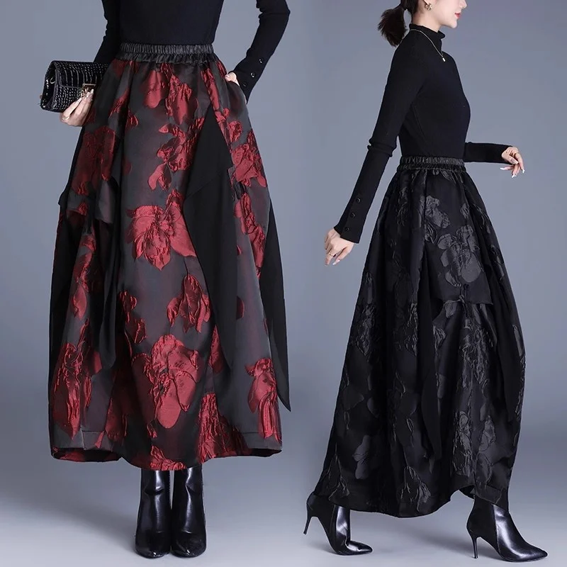 

Шикарная женская юбка-миди в стиле пэчворк с цветочным принтом, модный тисненый жаккардовый подол и неровный подол, осенне-зимняя мода большого размера (W137)