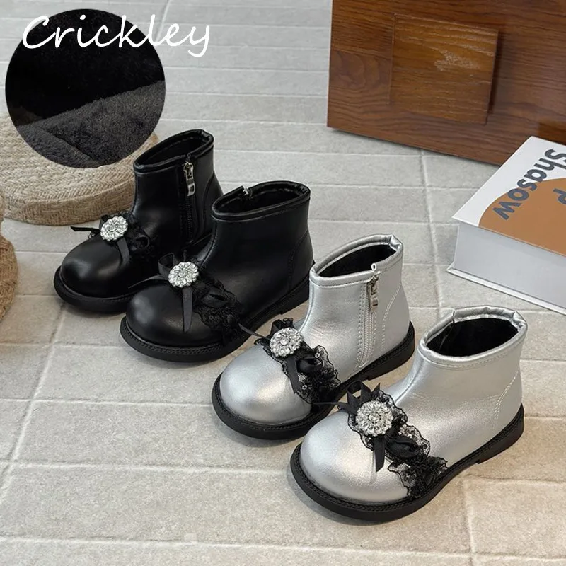 

Bow Crystal Kids Fashion Boots Autumn Winter Solid PU Children Princess Boots Fleece Warm Cotton Zip Toddler Girls Ankle Shoes