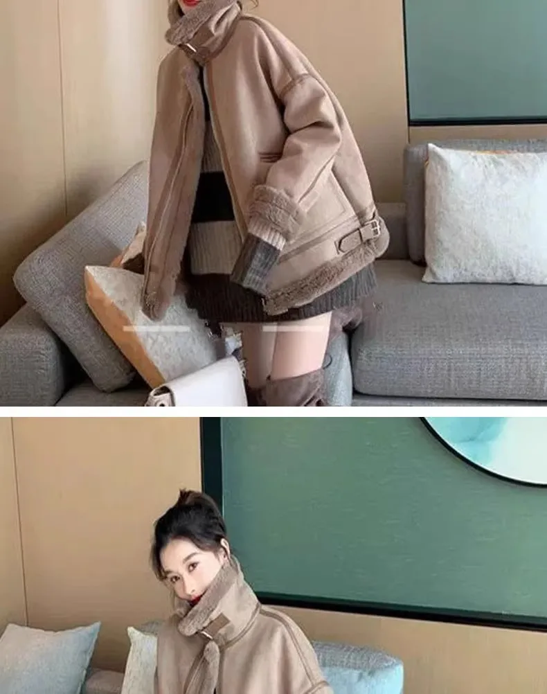 Lamb Wool Biker Jacket Fur Coat Women Thick Loose Lamb Fleece Velvet Fashion Warm Winter Short Faux Fur Coat Women's Clothing