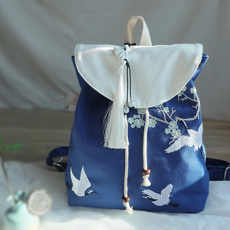 2023 Women's Retro Canvas Embroidered Flower Backpack Tassel Drawstring Shoulders Bag Casual Bundle Girls Hanfu Bags - Image 3