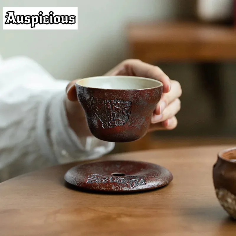 

140ml Raw Ore Coarse Pottery Gourd Teacup Handmade Joyful Master Cup with Cushion Iron Japanese Rust Glaze Coffee Mug Saucer Set