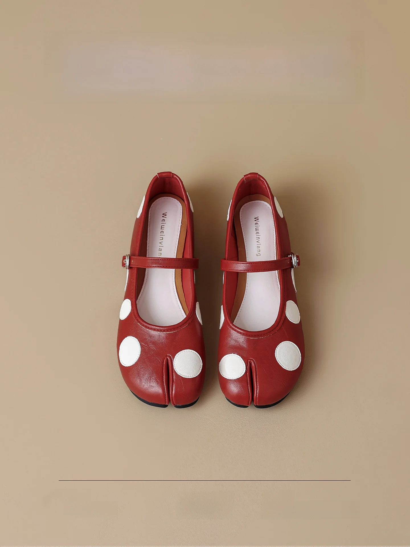 red-split-toe-lamb-skin-flat-mary-jane-ballet-flats-women's-fashion-shoes-polka-dot-slip-on-casual-comfortable-large-size