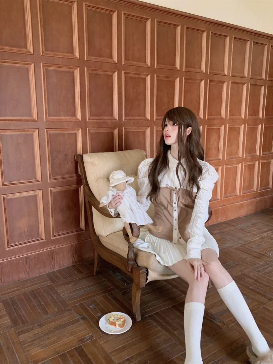 

LXLILIUM High-End Long-Sve Patchwork Heavyweight Fabric Women's irt Autumn Winter Season French Sle Collar Bubble...