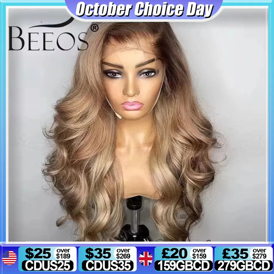 

BEEOS Ombre Ash Blonde Skinlike 13x6 HD Кружевной фронтальный парик Предварительно выщипанные объемные волны 13x4 HD Кружева Полный фронт Парики из человеческих волос для женщин