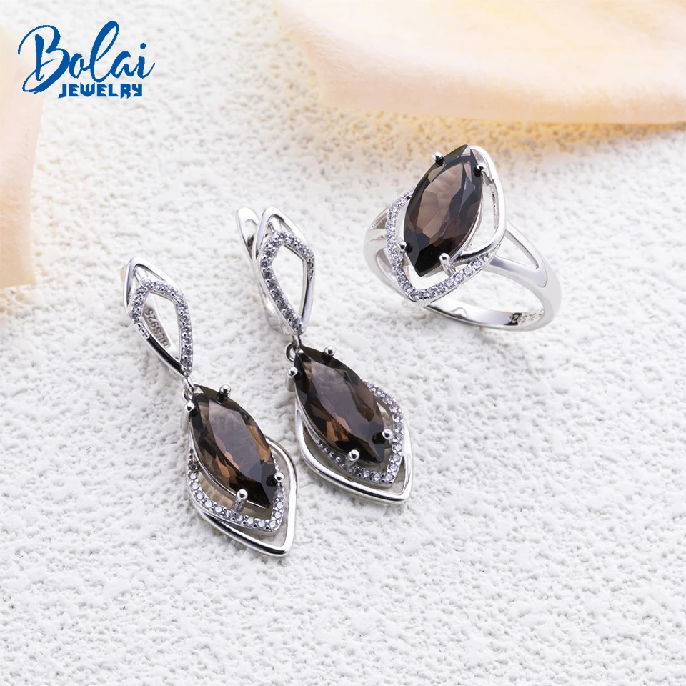 Solid 925 Sterling Silver Natural Smoky Quartz Jewelry Sets 14*7mm Dangle Earrings Fine Fashion Ring for Woman Gift Good Quality