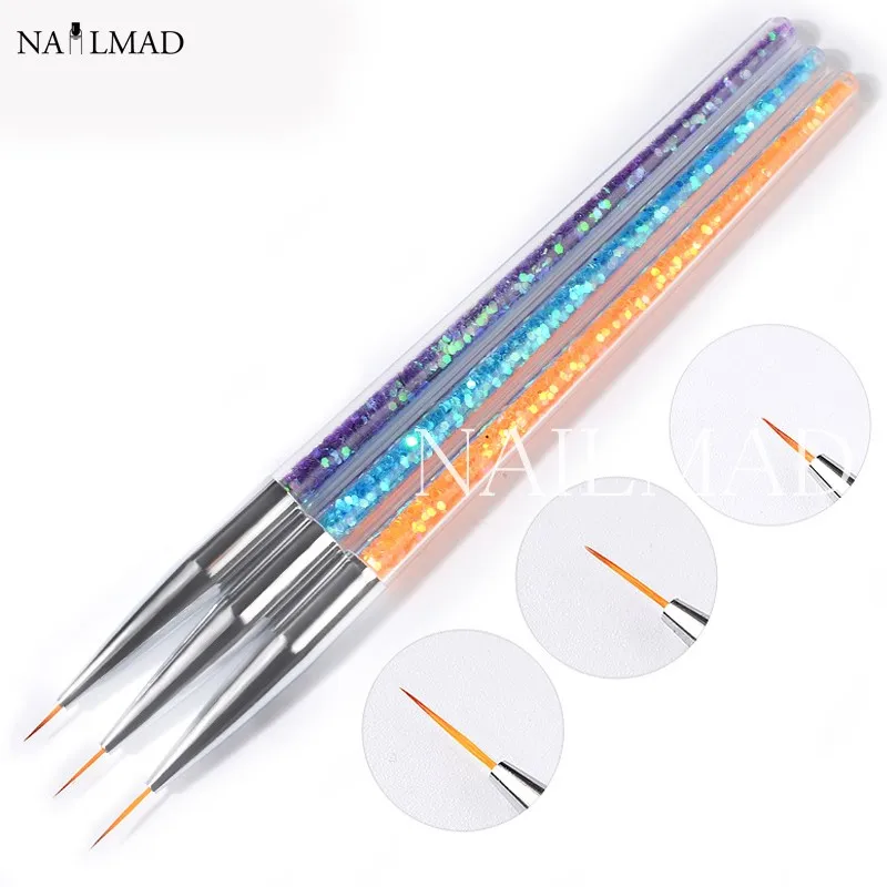 3pcs/set Finer Nail Brush Colorful Acrylic Liner Brushes Set Drawing Design Salon Tools Nail Brush Set 7mm/9mm/11mm