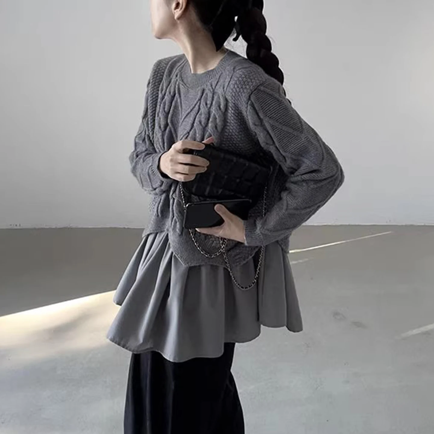 디자인 센스 스플라이스 롱 니트웨어 여성용 신상 가을 슬림핏 라운드 넥 레귤러 얇은 무브랜드 출퇴근용