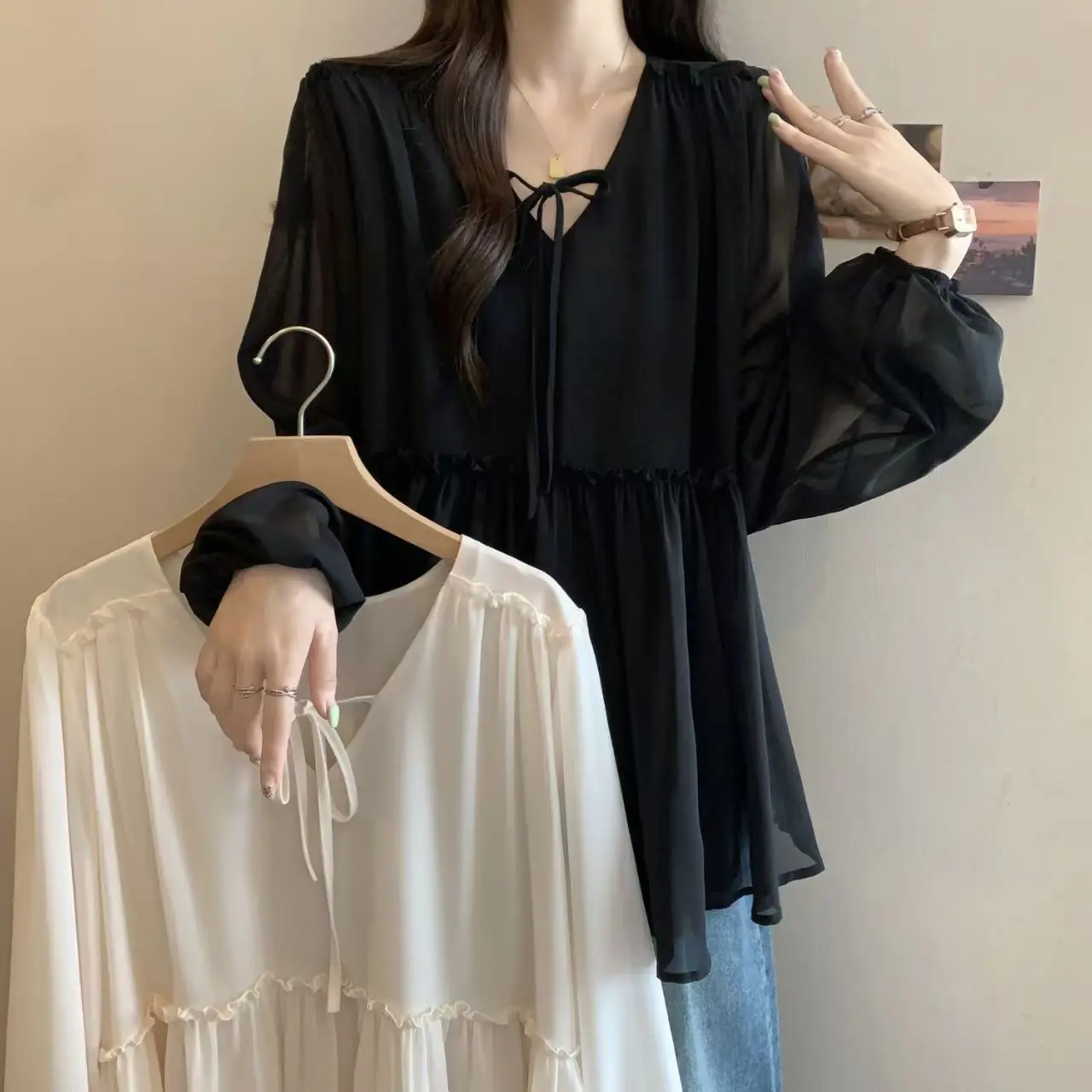 Fashionable Chiffon Shirt Long Sleeves Tshirts Loose Black Upper Outer Garment Pullover Blouse Basic Tees Women Clothing