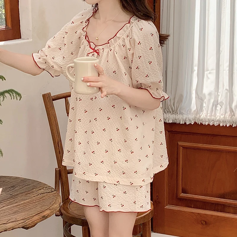

Summer Thin ort Sve Pleated Loose Women's Spwear Set Cute Cherry Home Clothes Comfortable Breathable Sweet Sle