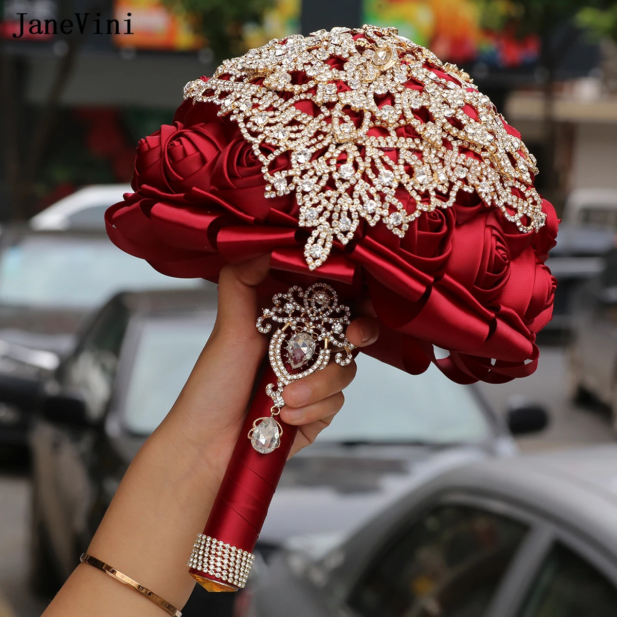 

JaneVini Luxury Gold Rhinestones Jewelry Burgundy Bridal Brooch Bouquets Artificial Satin Roses European Wedding Bouquet Flower