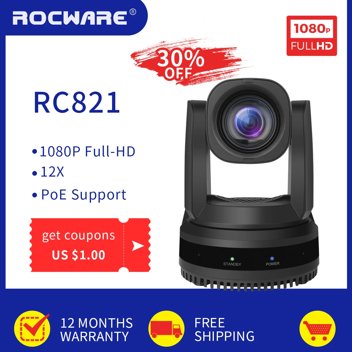 

ROCWARE RC821 1080P Full HD Video Conference PTZ Camera 60FPS HDMI SDI IP H.265 Smart Remote Meeting Online Office Equi