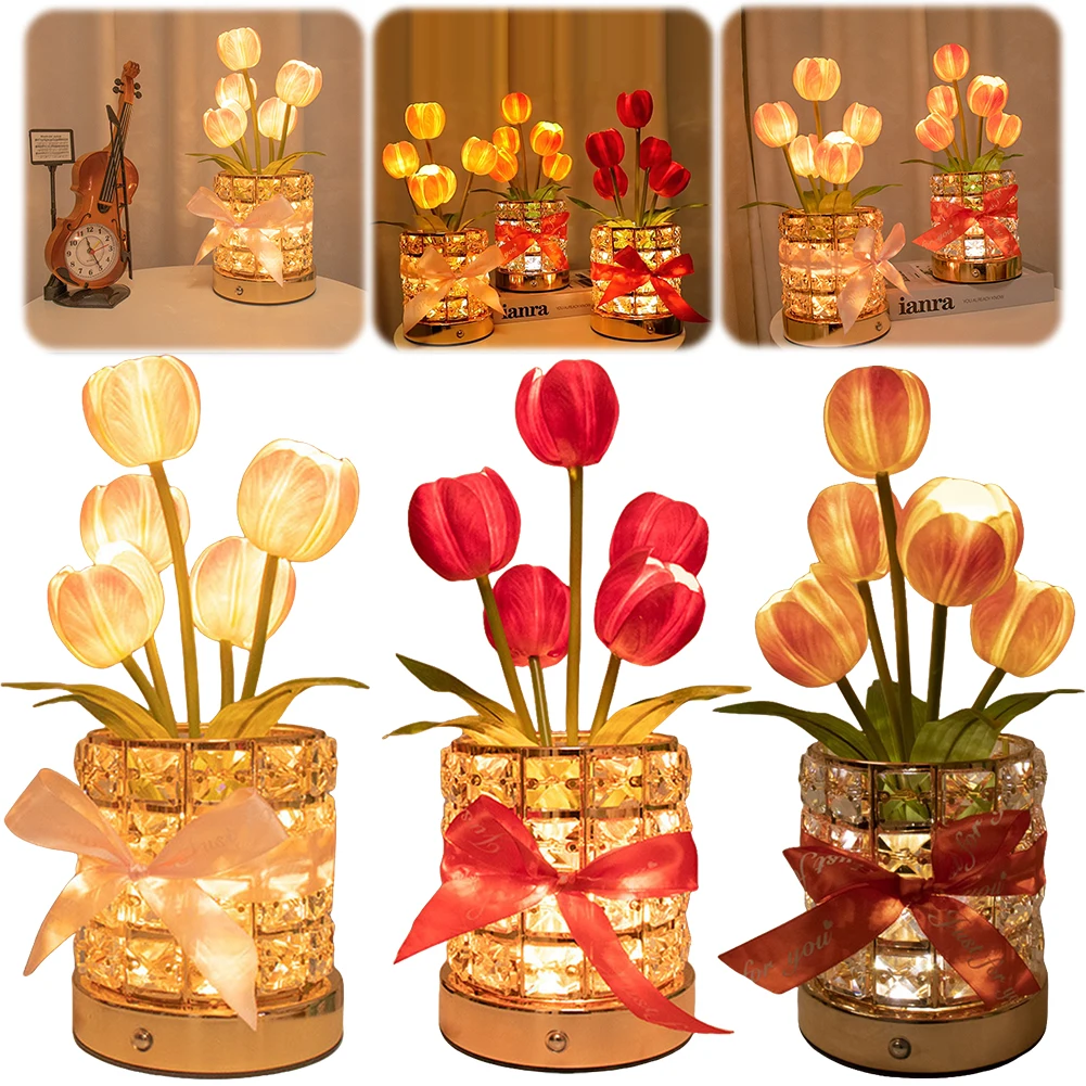 LED Tulip Crystal Flower Lamp 3 Colors Dimming Tulip Flower Table Lamp USB Rechargeable Tulip Nightstand Lamp for Bedroom Decor