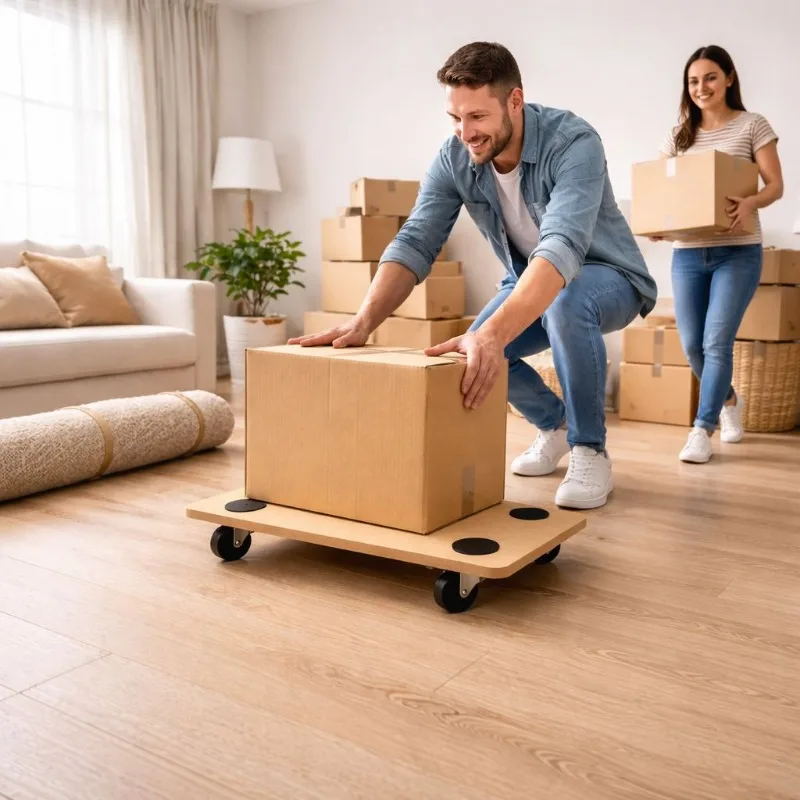 Four-Wheeled Wooden Furniture and Plant Pot Moving Dolly for Home & Garden Use