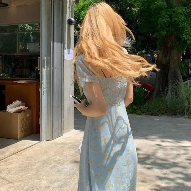 Dresses Women Puff Sleeve Floral Side-slit Sweet Chic Prevalent Ins Aesthetic French Style Summer Vestidos Young Holiday Trendy